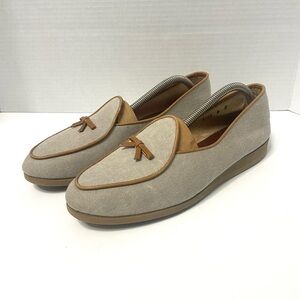 BELGIAN SHOES Travelette Beige Linen Tan Calf Trim Loafers Flats Bow Detail 8M